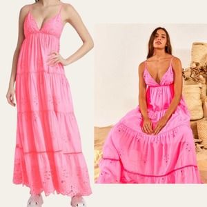 NWT FARM RIO Boho Beachy Neon Pink Laser Cut Eyelet Lace Strapless Maxi Dress